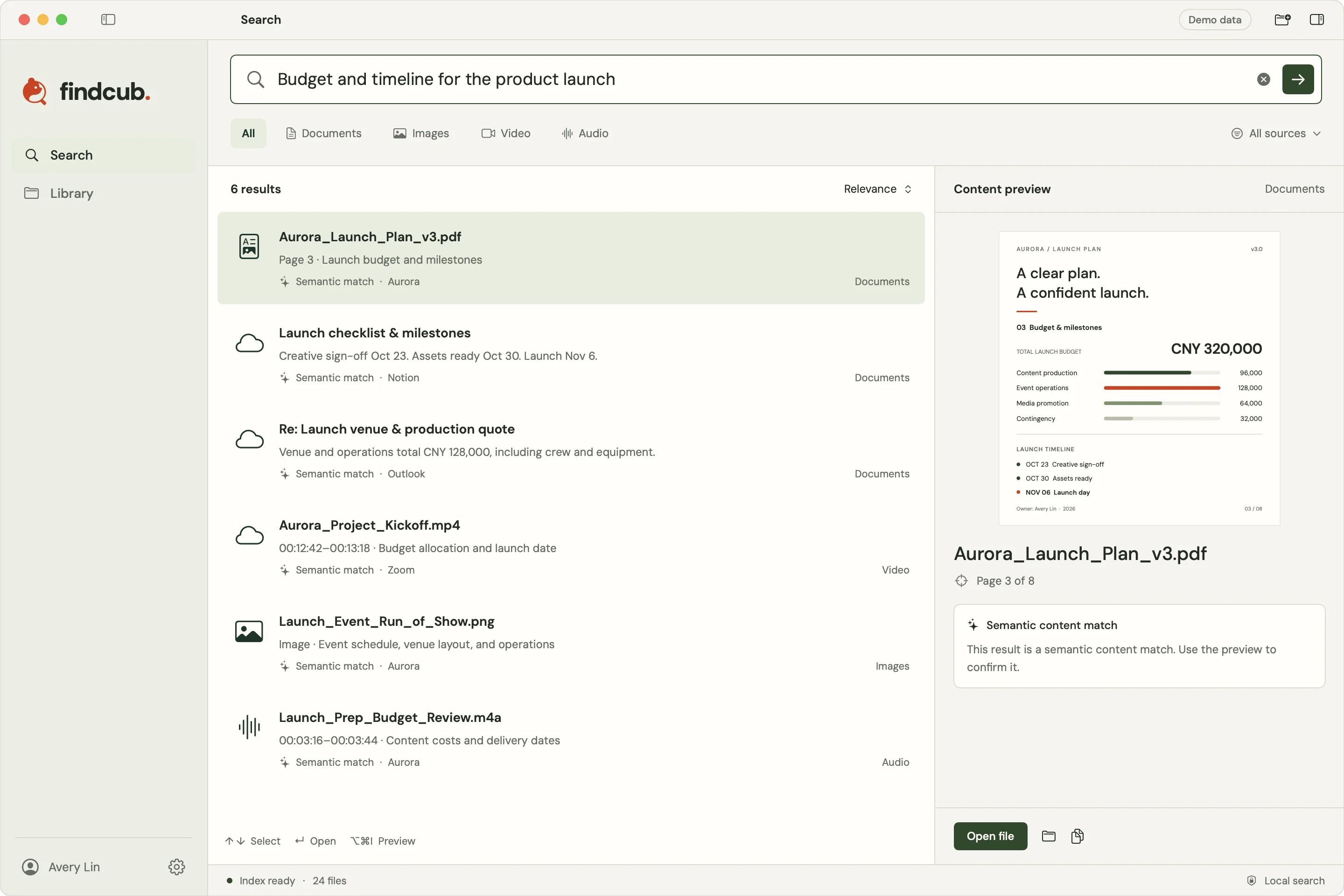 Findcub demo interface showing a launch budget query, matching files and a document page preview.