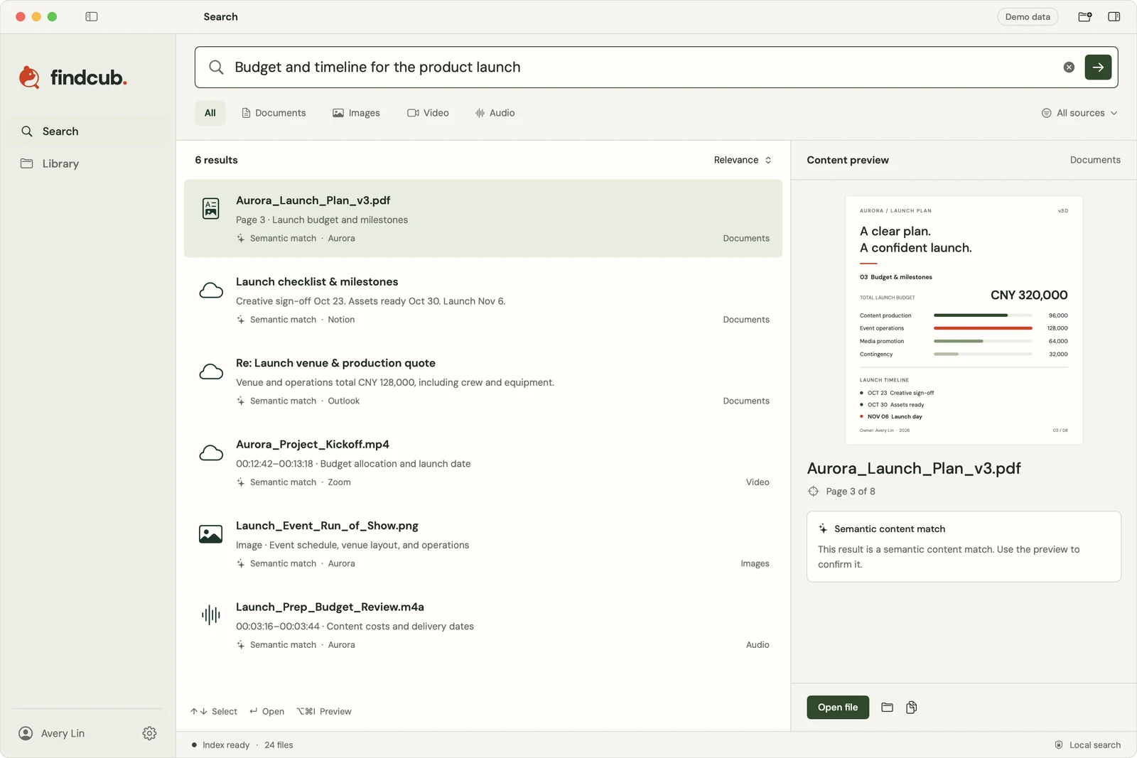 Findcub demo interface showing a launch budget query, matching files and a document page preview.