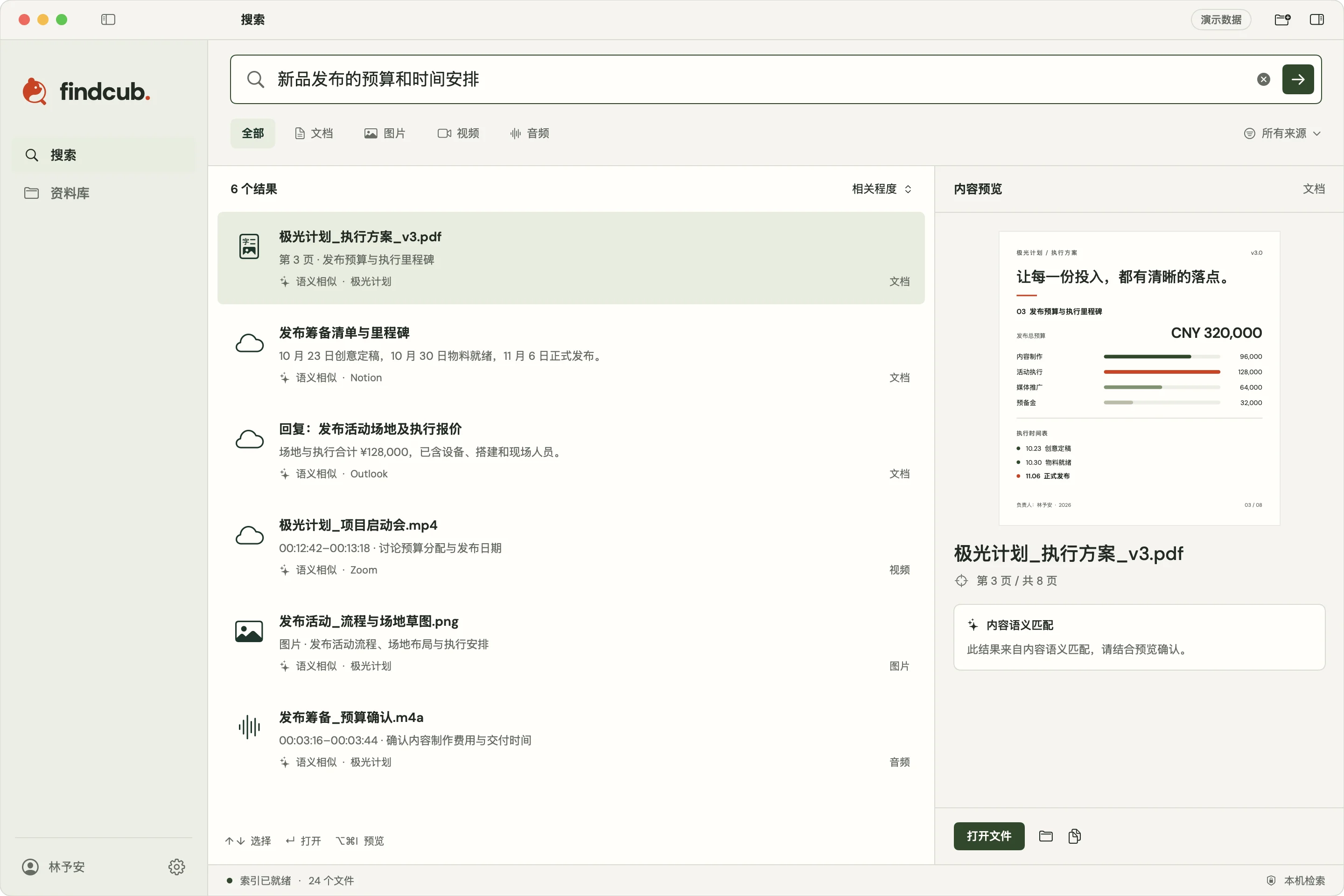 Findcub 演示界面：发布预算与时间安排查询、相关文件及文档页面预览。