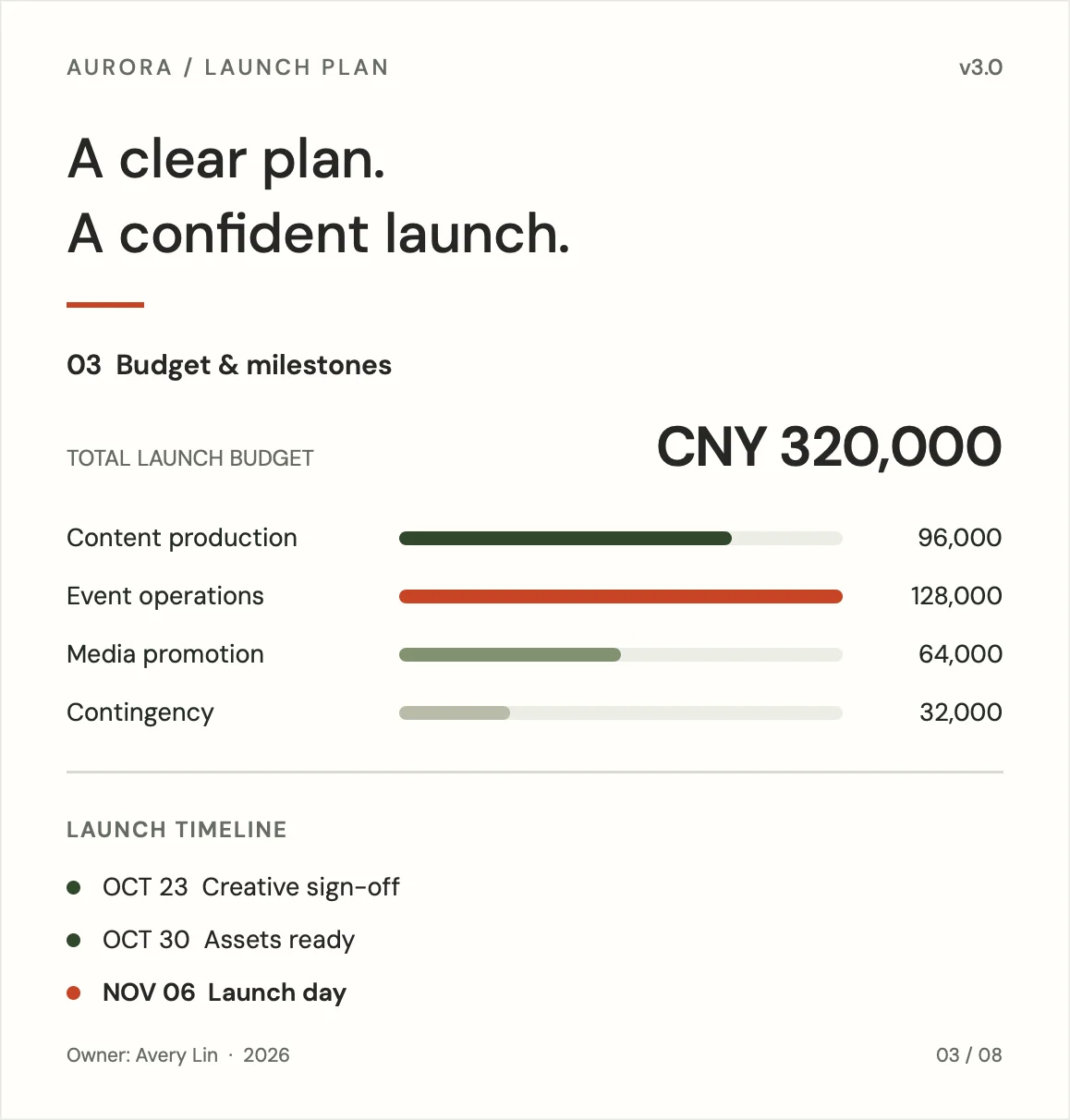 Fictitious Aurora launch-plan page from the supplied Findcub demo, with a budget breakdown and launch milestones.