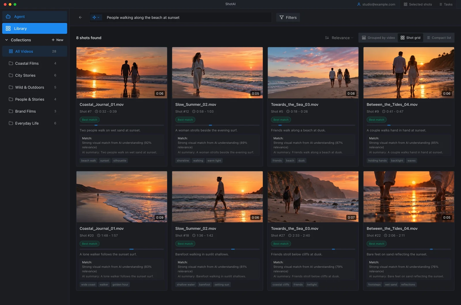 ShotAI demo interface showing a natural-language query for people walking along a beach at sunset and matching shots with previews and timestamps. Results and footage are illustrative.